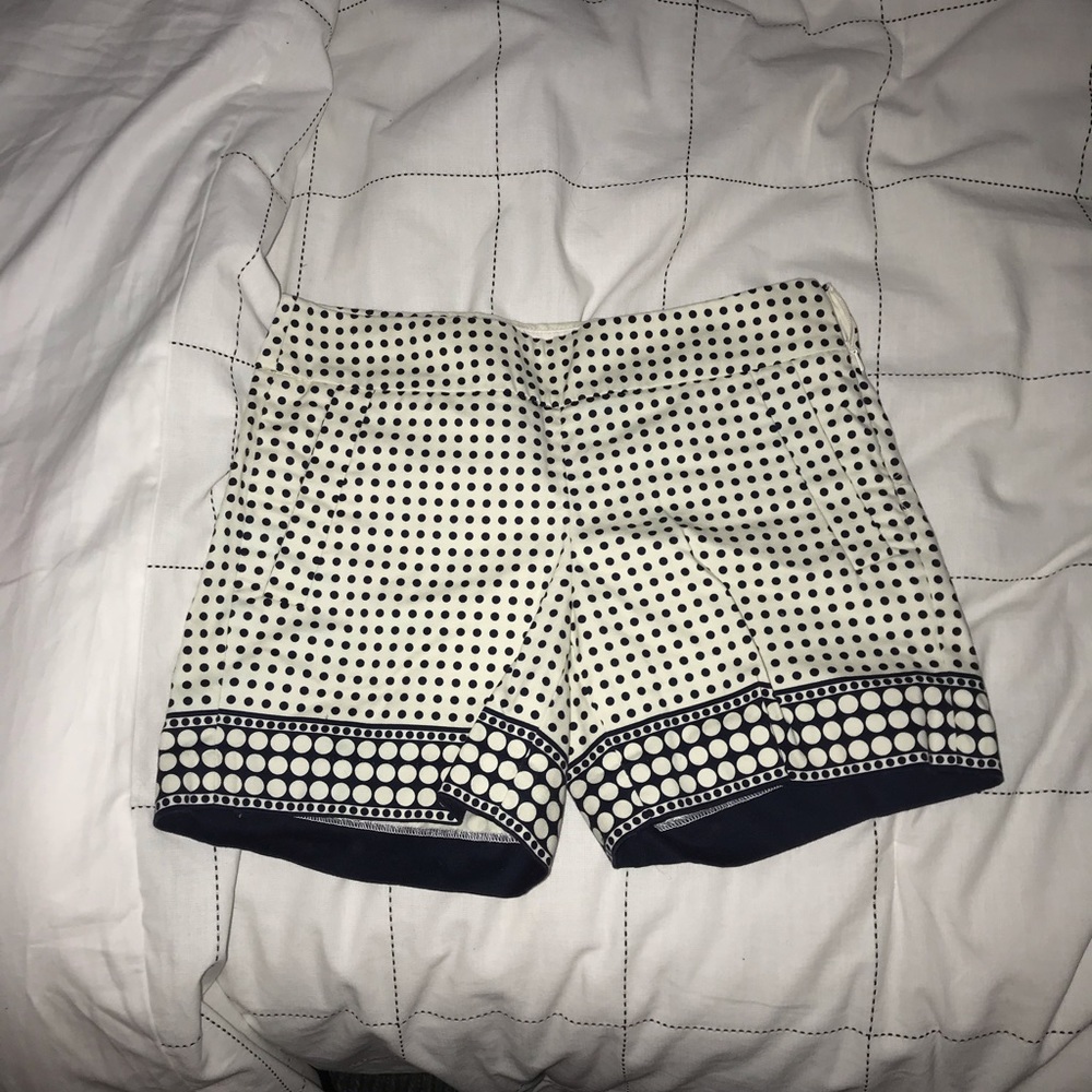 J Crew cream and navy blue polka dotted shorts